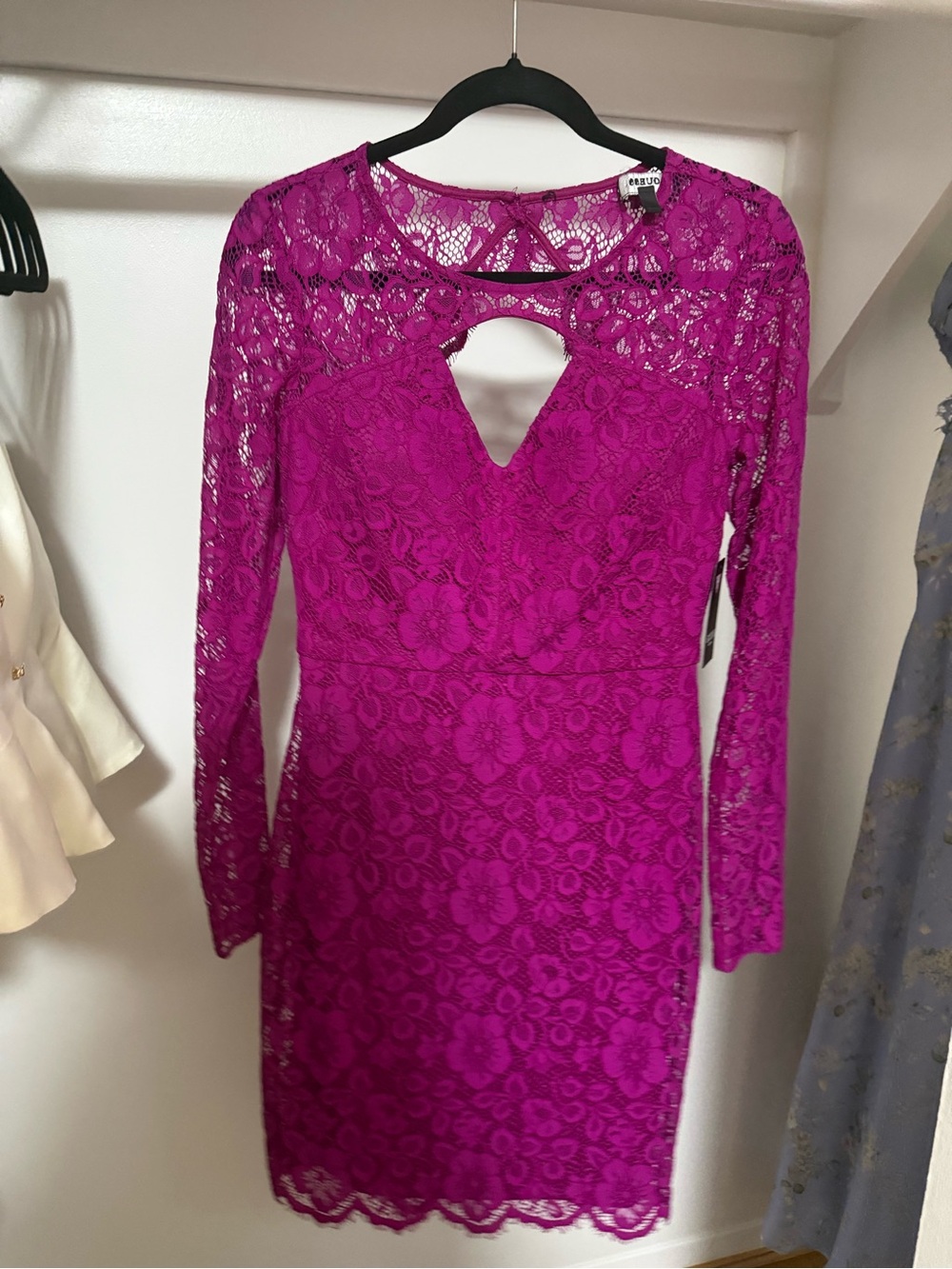 Guess by Marciano Fuchsia Lace Long-Sleeve Keyhole Dress
